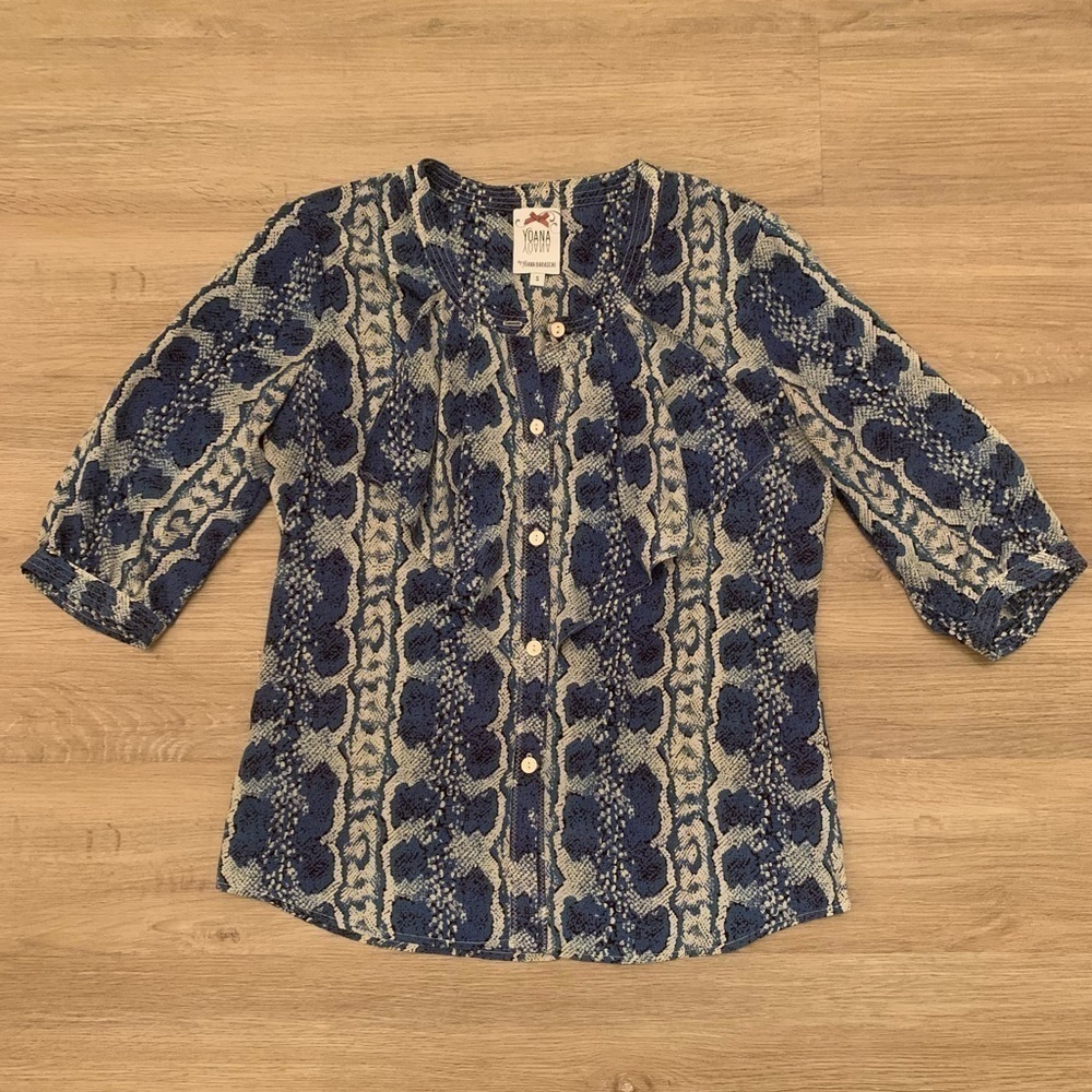 Yoana Baraschi Blue Snakeskin Print Button Up Blouse Ruffle Pleat Accent Sz S